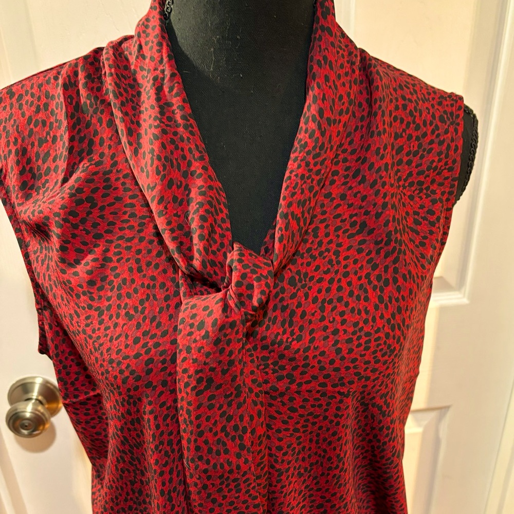 Anne Klein Red and Black Sleeveless Tie-Neck Blouse